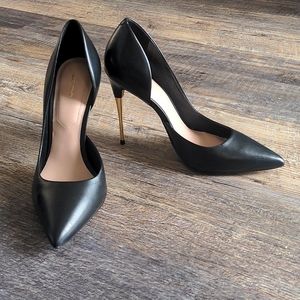 Aldo | Black Leather Stiletto Pump Heels with Gold Spike Heel Side Cutouts